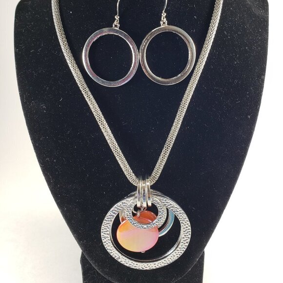 Silver Multi-Hoop & Disc Pendant Necklace  & Earrings - Women’s Fashion Jewelry - Picture 7 of 11